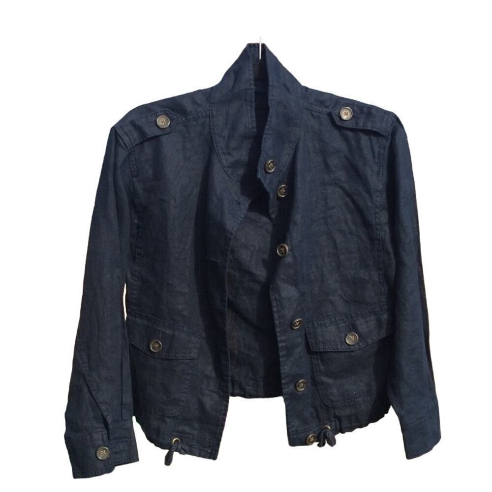 Talbots linen jacket womens P petite navy blue preppy classic coastal old money - Picture 1 of 12